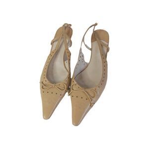 CHANEL Women's Leather Sling Back Kitten Heels Beige Logo Bow Cut Offs Sz 38.5